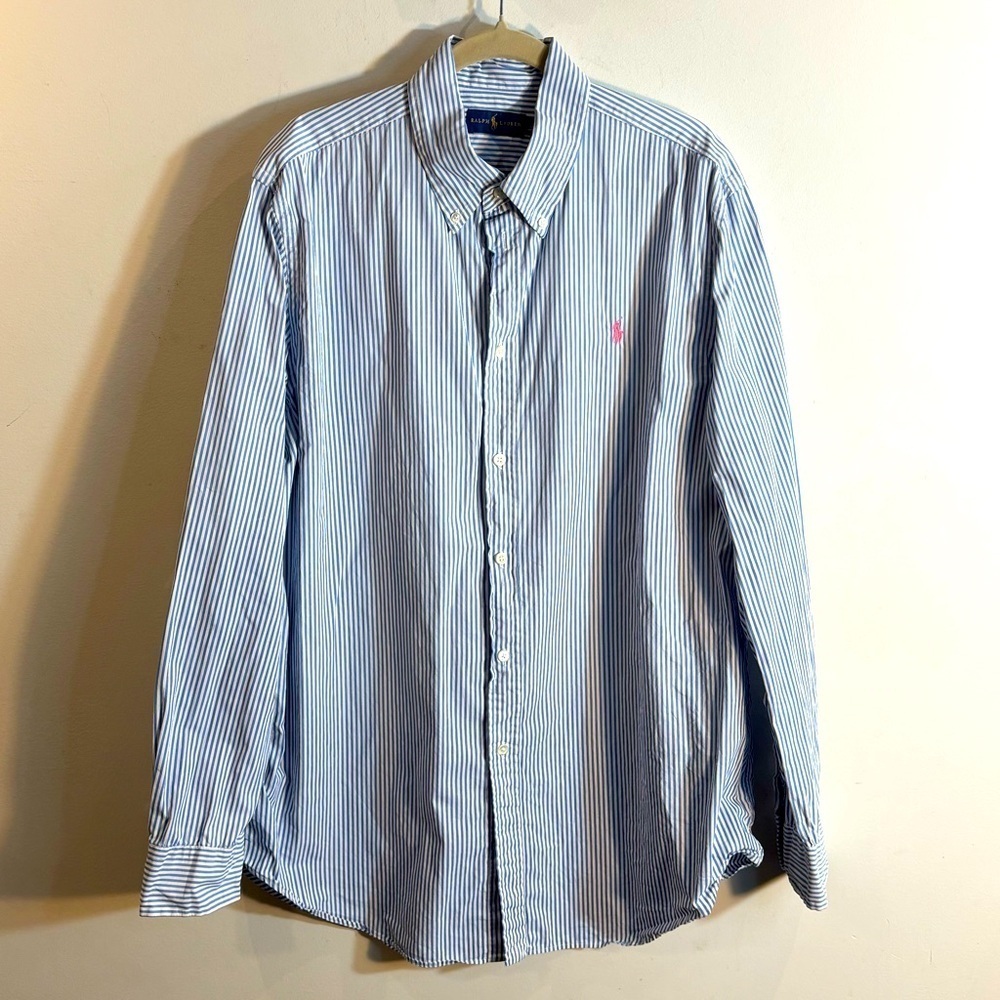 LAUREN RALPH LAUREN Sz XL Blue Label Stripes 100% Cotton Button Down Shirt